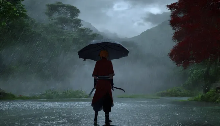 Yahiko called pain, naruto shippuddin, standing in the rain, rinnegan eyes,