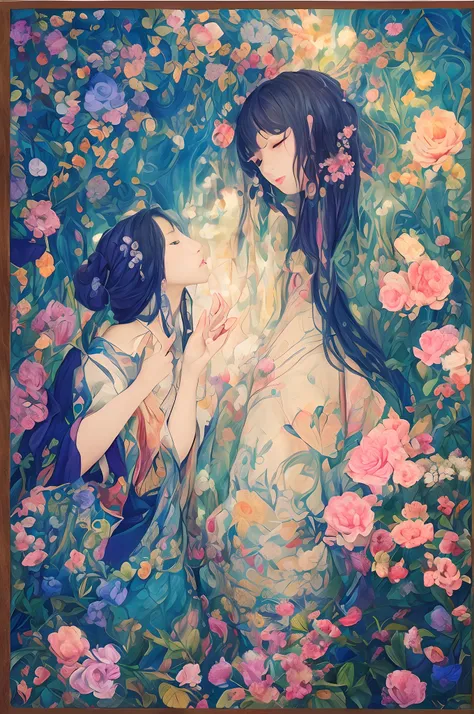 Beautiful Art Posters、１boy、Kinder world、((masutepiece)),((Best Quality)),((high detailing)), Pastel or pale colors、​masterpiece、High Quality Art Poster、Calculated composition of the painting、Arianas work is AI art with mandalas, flowers, and blue flowers a...