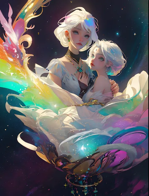 Realistic anime girl with white hair and a transparent dress with a rainbow, ethereal anime, Mago Celestial Lindo, estilo de arte de fantasia, divindade de cabelos prata, reflexo , luzes refletidas, ethereal rainbows, anime em estilo fantasia, anime fantas...