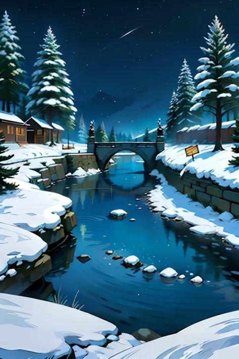 A painting of a winter landscape, pine trees, snow on ground, a winding river with a destroyed stone bridge, eerie night time light, dark sky.