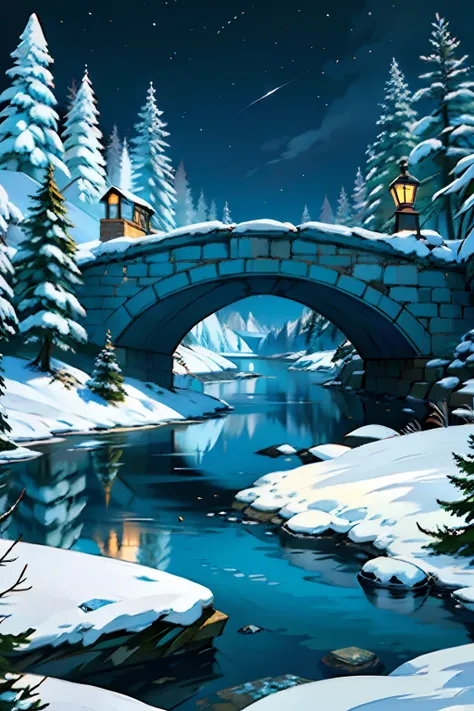 A painting of a winter landscape, pine trees, snow on ground, a winding river with a destroyed stone bridge, eerie night time light, dark sky.