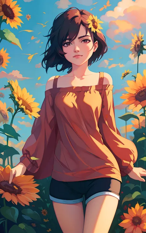 a woman in a brown top and black shorts standing in a field of flowers, beautiful sunflower anime girl, artgerm and atey ghailan, beautiful digital illustration, made with anime painter studio, digital anime illustration, beautiful digital artwork, painted...