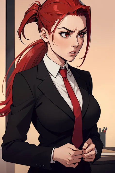 woman, red ponytail hair, wearing a black office suit, red tie,black office skirt, stressed, no background