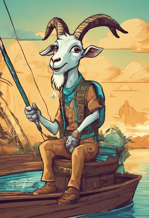 a humanoid goat, sitting on the boat fishing, having fun, cartoon style, promotional art, very stylized character design