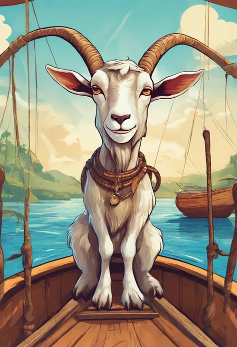 a humanoid goat, sitting on the boat fishing, having fun, cartoon style, promotional art, very stylized character design