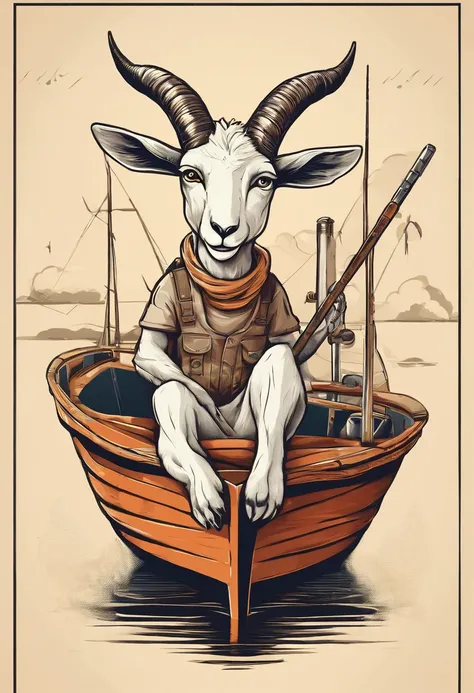 a humanoid goat, sitting on the boat fishing, having fun, cartoon style, promotional art, very stylized character design