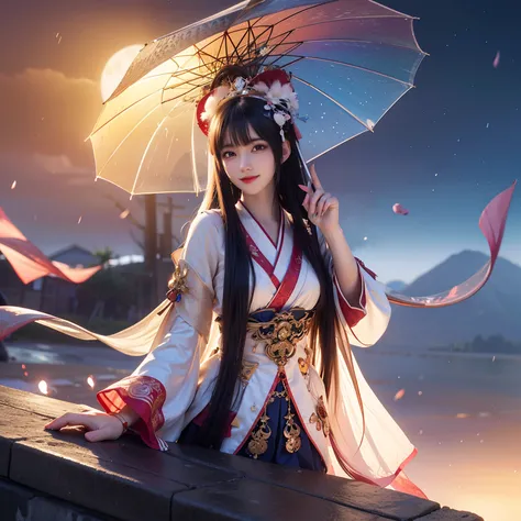 (8k, RAW photo:1.2), best quality, ultra high res, dramatic angle, (fluttered detailed color splashes), (illustration), (((1 girl))), (long hair), (rain: 0.9), (headdress: 1.4), there is an old palace next to the girl, Hanfu, (emphasis), Color ink painting...