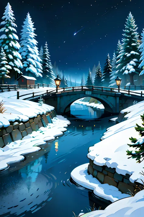 A painting of a winter landscape, pine trees, snow on ground, a winding river with a broken down bridge, eerie night time light, dark sky.