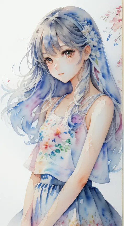 Make the image look like summer、(tmasterpiece)、(top-quality:1.1)、(ultra - detailed:1.1)、Best Illustration、detaile、(watercolor paiting:1.4)、(handpainted:1.2)、(Watercolor brush hair)、 2 girls in、porate、Gray straight hair、Full body like