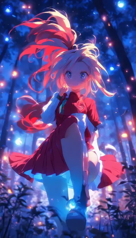 1girll, Solo，ssmile，White shirt, Red skirt, Socks, dual horsetail，Full body like，Beautiful outdoor background, night moon, forest，glowworm， Lofi art style,，The hair is meticulously depicted，The eyes are meticulously depicted， highly detailed surreal vfx，oc...