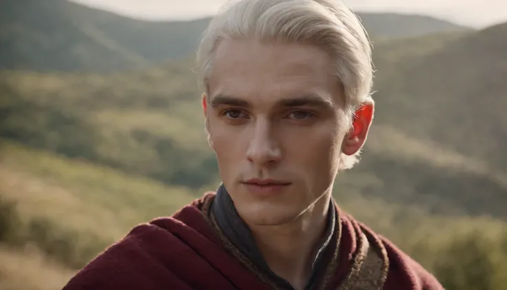 (((a deep reddish wound crosses his left cheek)) fair skin, full body of a man about 19 years old, natural white hair, slim, him back in an inspiring setting full of Italian mountains, ultra sharp focus, photo realistic, medieval mens clothing, tetrahedral...