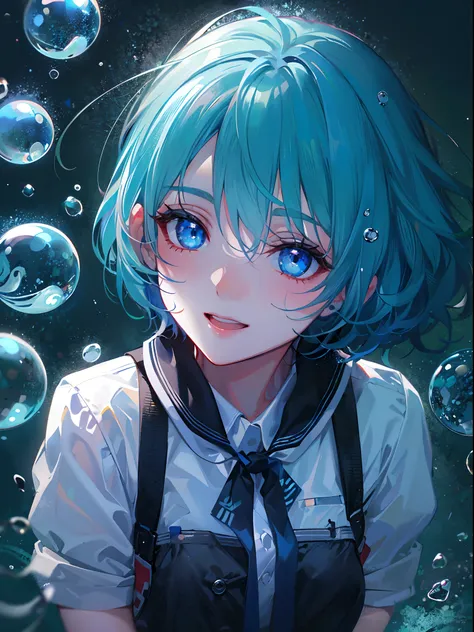 ((top-quality)), ((​masterpiece)), ((ultra-detailliert)), (extremely delicate and beautiful), girl with, 独奏, cold attitude,((Black jacket)),She is very(relax)with  the(Settled down)Looks,A dark-haired, depth of fields,evil smile,Bubble, under the water, Ai...