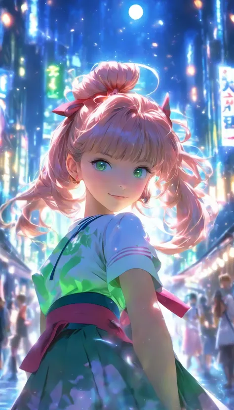 (((Masterpiece: 1.5, Best quality, high resolution: 1.3, Super resolution, Super detail, Super detail: 1.3, Rich background: 1.2))), 1 girl, Solo, Green eyes, Long pink hair with blue ribbon, Blunt bangs, cute hairpin, school uniform, White Serafon, Red sa...