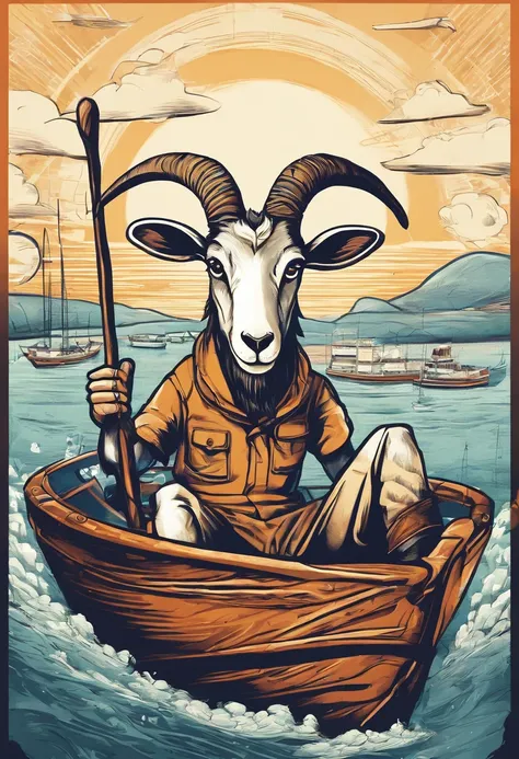 a humanoid goat, sitting on the boat fishing, having fun, cartoon style, promotional art, very stylized character design, t shirt art