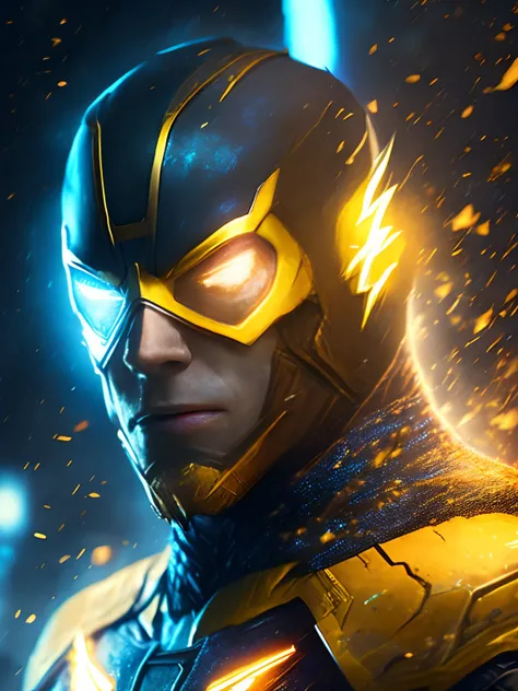 gloomy portrait of Flash Yellow Lantern from DC, extremely detailed, futuristic cityscape, nighttime, glowing neon lights, smoke, sparks, metal shavings, flying debris, blue energy effects, volumetric light