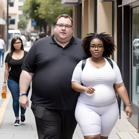 couple, very fat white man, very fat black woman, wear nerdy glasses, casual clothes, walking down the street