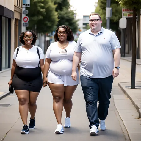 couple, very fat white man, very fat black woman, wear nerdy glasses, casual clothes, walking down the street