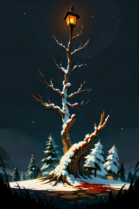 A painting of a tree stump with blood dripping off, snow on ground, winter, eerie night time light, dark sky.