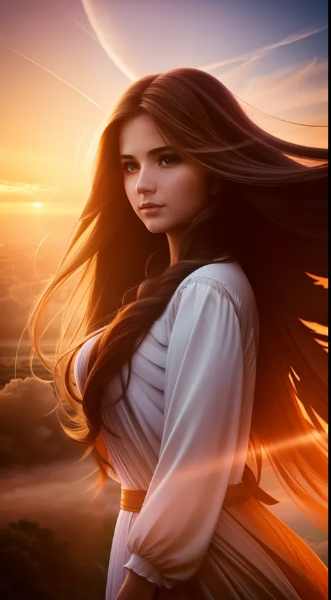 A photography of a woman with long hair, angel wings, looking at camera, medium shot, beautiful, heaven, heavenly sky, high quality, cinematic, volumetric lighting, natural lighting, 8k, super details