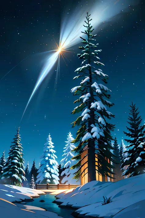 A painting of a beam of light over a single pine tree, winter, night time light, black sky with stars.