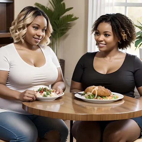 fat couple, white and blond man, with short wavy hair. black woman, with short wavy hair. they are both happy, sitting at the di...