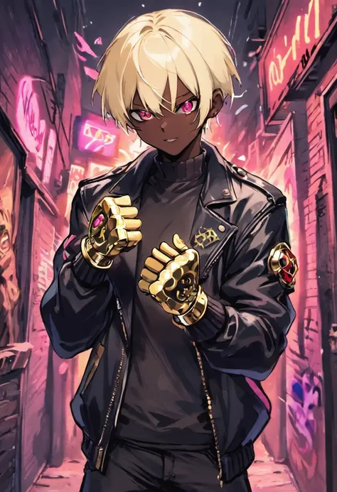 dark skin guy with short platinum blonde hair and black jacket holding brass knuckles, , trigger anime artstyle, [[[[grinning evily]]]], portrait of ((mischievous)), , male anime character, young anime man, inspired by K’ from King of Fighters, tall anime ...