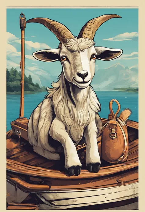 a humanoid goat, sitting on the boat fishing, having fun, cartoon style, promotional art, very stylized character design, kids t shirt art