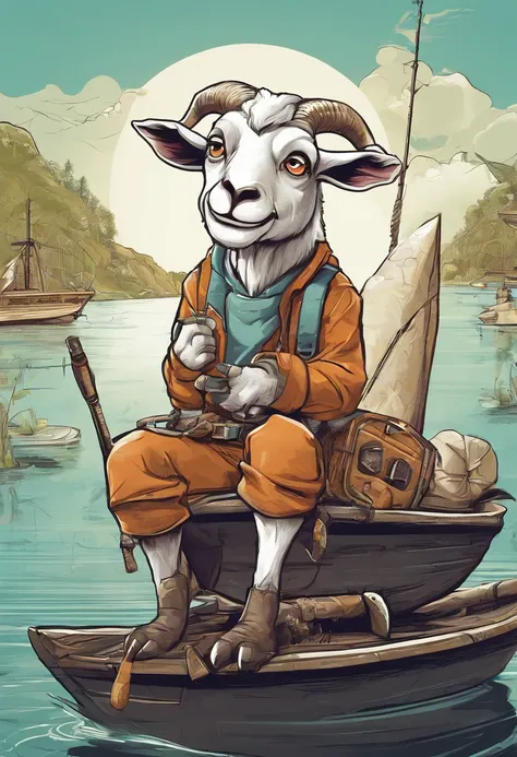 a humanoid goat, sitting on the boat fishing, having fun, cartoon style, promotional art, very stylized character design, kids t shirt art