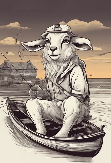 a humanoid goat, sitting on the boat fishing, having fun, cartoon style, promotional art, very stylized character design, kids t shirt art