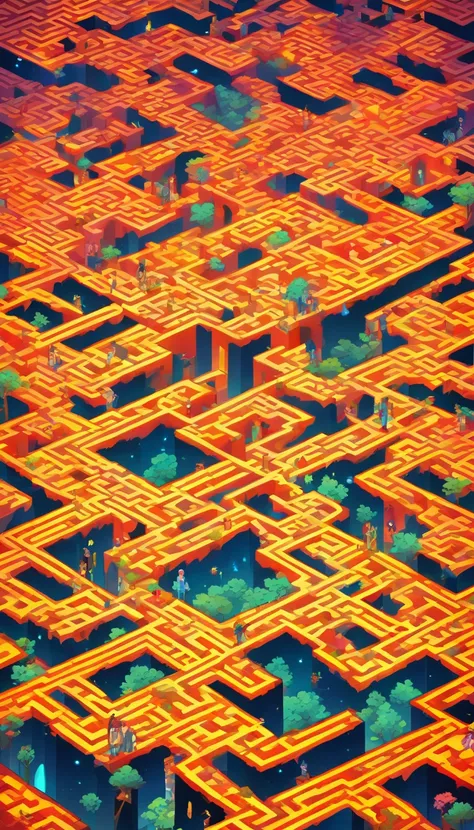 Illustration of a complex maze with multiple branches, Represents different narratives. Inspired by the artistic style of MC Escher, The maze features intricate lines and an illusory perspective. Features a vibrant and contrasting color palette, The maze c...