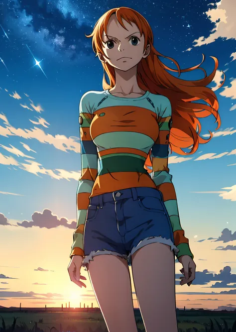 The vast sky, beautiful skyline, large grasslands, extremely tense and dramatic pictures, moving visual effects, high hanging Polaris, colorful natural glare. A girl in a long-sleeved top and denim shorts, orange hair , Nami , one piece