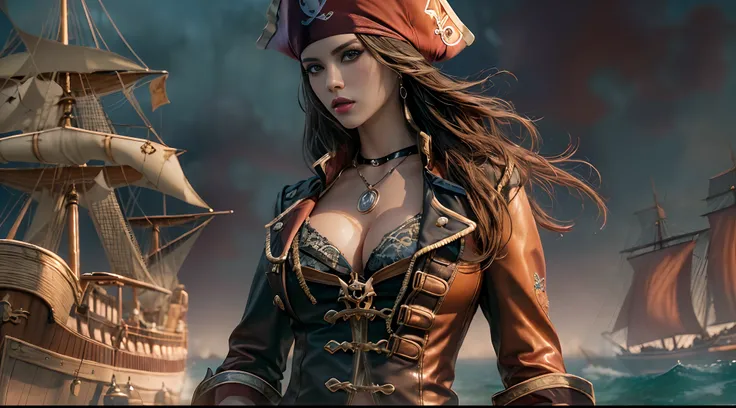 (Masterpiece, Sexy pirate depiction in seductive pirate costume:1.3), (Fascinating depiction，The perfect blend of charm and adventure:1.2), (Elaborately crafted，Highlight the charm of the character:1.2), (An alluring pirate，Wear seductive pirate costumes，H...