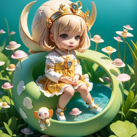 Cute Baby Chibi Anime, Pearl beige and pearl green clothes,Sit on a nautilus，Aquaworld，Nautilus Tiara