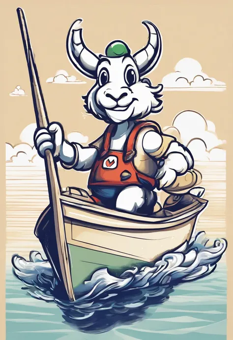 a humanoid goat, sitting on the boat fishing, having fun, cartoon style, promotional art, very stylized character design, t shirt art