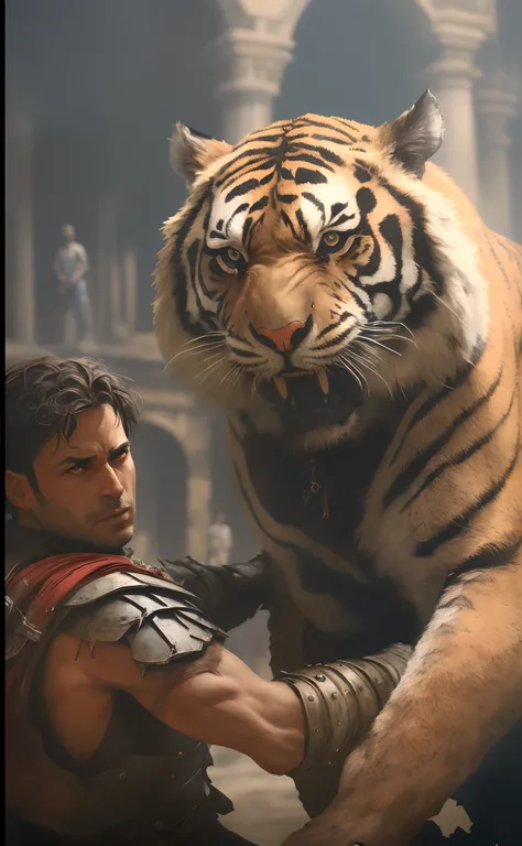 Arafed man holding a tiger in front of a building, tigre_animal, Estilo de arte de Marc Simonetti, um bruxo lutando contra um tigre, Estilo de Marc Simonetti, Graphic artist Magali Villeneuve, ainda de um filme live action, Mark Brooks detalhou, tigre, fan...