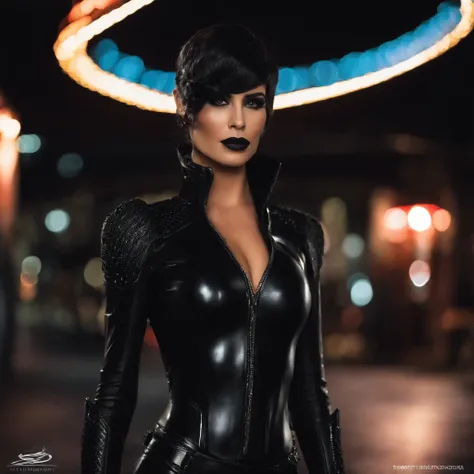 Extremely detailed, very sharp, Best quality, Female, Sophie Thatchers face, Black Knight latex set, Tall and thin body, exploited, Night, Night Street, lamp lights, Very short black hairstyle, dark make-up, pauldrons, Holster,