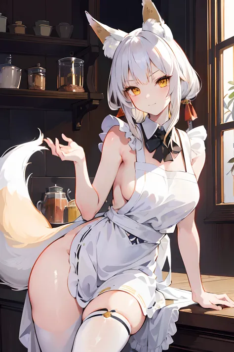 (masterpiece:1.4, best quality), (ultra-detailed:1.1), (illustration:1.1), high contrast,intricate details,1girl, beautiful detailed eyes, tamamo no mae, (naked apron), white hair, yellow eyes, victorian kitchen, looking at viewer, smug look, front leaning...