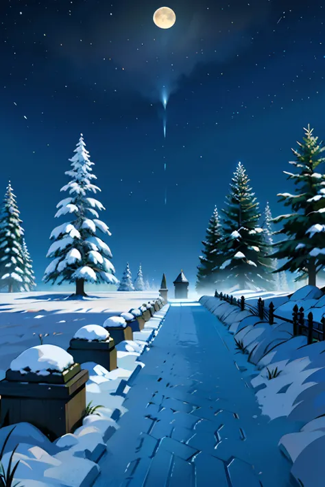 A painting of a winter landscape, pine trees, an open grave, funeral wreath, bats flying, snow on ground, eerie night time light, dark sky with stars.