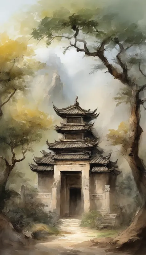 Quaint Han Dynasty style temple，（There was an ancient Chinese monk who sat and meditated（closeup cleavage）），（Meditate），zazen，age-old tree，falling leaf，（Chinese landscape painting style），（Pastel ink painting），（8k wallpaper），（light and shadow effect），renderi...