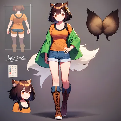 1 young girl, character sheet, concept art, full body, (masterpiece:1.2), (best quality:1.3), standing, kitsune, orange short hair, green shirt, blue denim shorts, brown boots