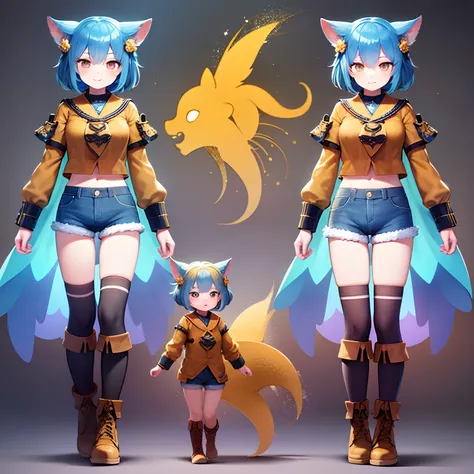 1 young girl, character sheet, concept art, full body, (masterpiece:1.2), (best quality:1.3), standing, kitsune, orange short hair, green shirt, blue denim shorts, brown boots