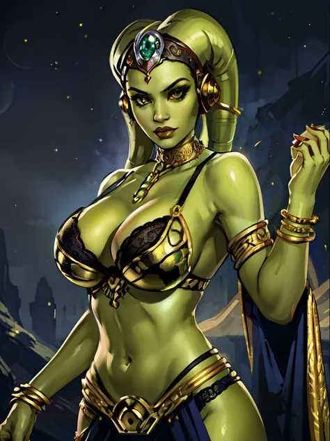 (best quality, masterpiece, highly detailed), 1girl, (green skin), sexy busty Twilek, large breasts, cleavage, gold and black bikini, ornate metal bra, metal lace, gemstones, jewelry, long skirts, armlets, pelvic curtain, Star Wars, lekku stripes