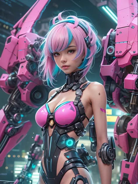 masterpiece, hightquality, hight resolution, high textured, 8K, HighDynamicRange, Robot girl in bikini costume, medium breasts, Pink transparent tights, mechs, medium cyan hair, bangs, Mechanical prosthetics, mechanical legs, dishevled hair, Detailed skin,...