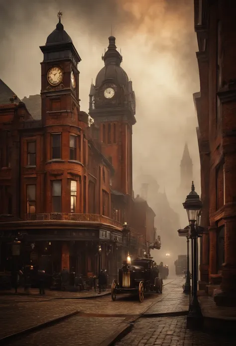 steampunk, cityscape, high clock tower, retro building, sidewalk, gear, bolt, fog, steam, unique, super high quality, super detailed, antique, retro,