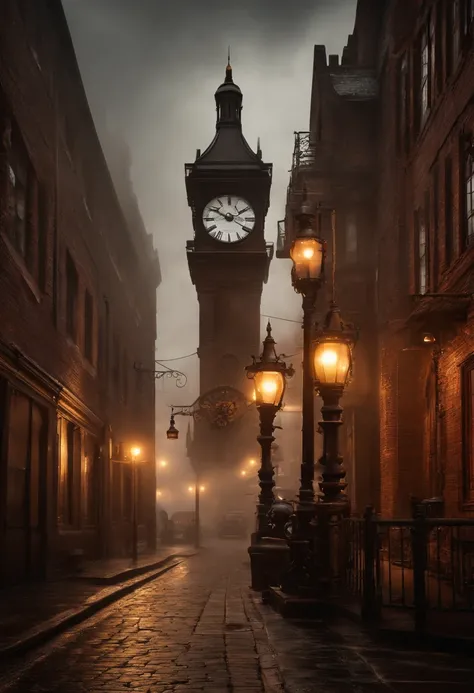 steampunk, cityscape, high clock tower, retro building, sidewalk, gear, bolt, fog, steam, unique, super high quality, super detailed, antique, retro,