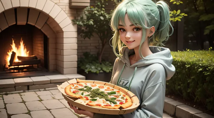 1girl in,light green hair,of the highest quality,ultra detailed and beautiful,Medium hair,Gray hoodie,huge smile,19 only,slender,Delicious looking pizza,Country garden,Small wood-burning oven,Good weather