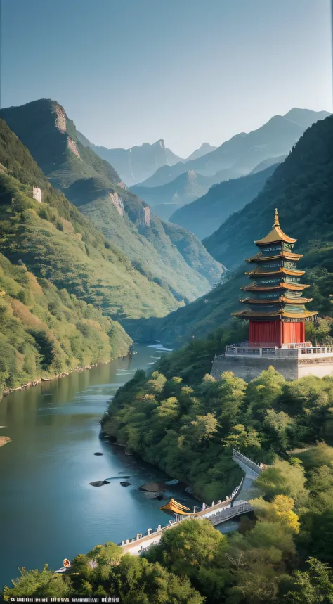 Chinas magnificent rivers and mountains，The top of the mountain looks down on all living beings，ancient buildings of China，Temple，Maple Grove，Statue of Shakyamuni，intricately details，Hyper-realistic，sharp detailed，High detail，lightand shade contrast，hyper ...