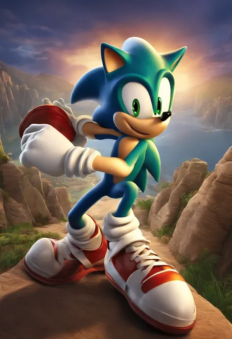 a detailed illustration,[Sonic the Hedgehog],best quality,ultra-detailed,realistic,photorealistic:1.37,colorful environment,character in motion,endless speed,golden rings,mystical green emeralds,blue fur,red shoes,energetic and determined expression,action...