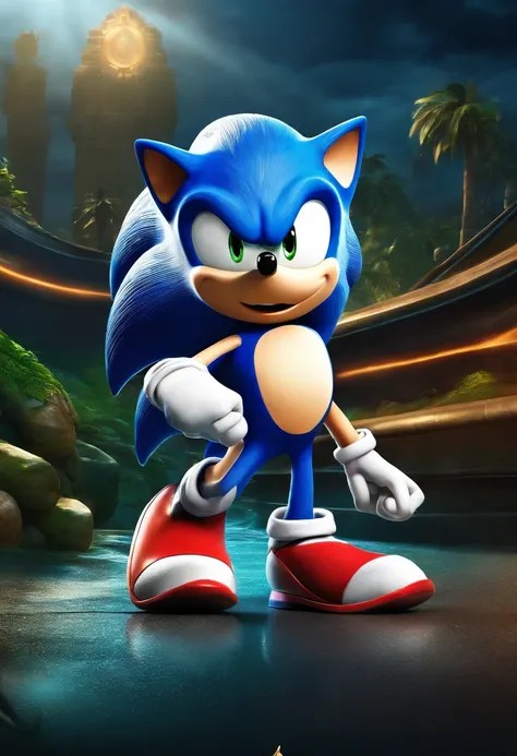 a detailed illustration,[Sonic the Hedgehog],best quality,ultra-detailed,realistic,photorealistic:1.37,colorful environment,character in motion,endless speed,golden rings,mystical green emeralds,blue fur,red shoes,energetic and determined expression,action...