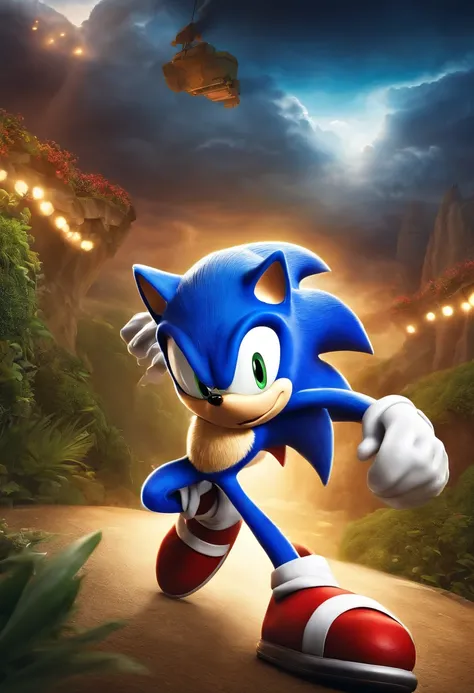 a detailed illustration,[Sonic the Hedgehog],best quality,ultra-detailed,realistic,photorealistic:1.37,colorful environment,character in motion,endless speed,golden rings,mystical green emeralds,blue fur,red shoes,energetic and determined expression,action...